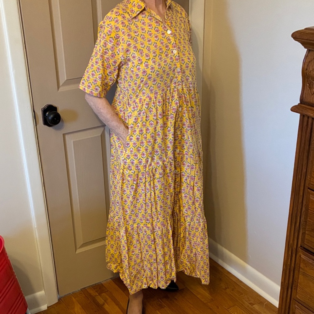 Yellow Floral Maxi Shirt Dress with Short Sleeves